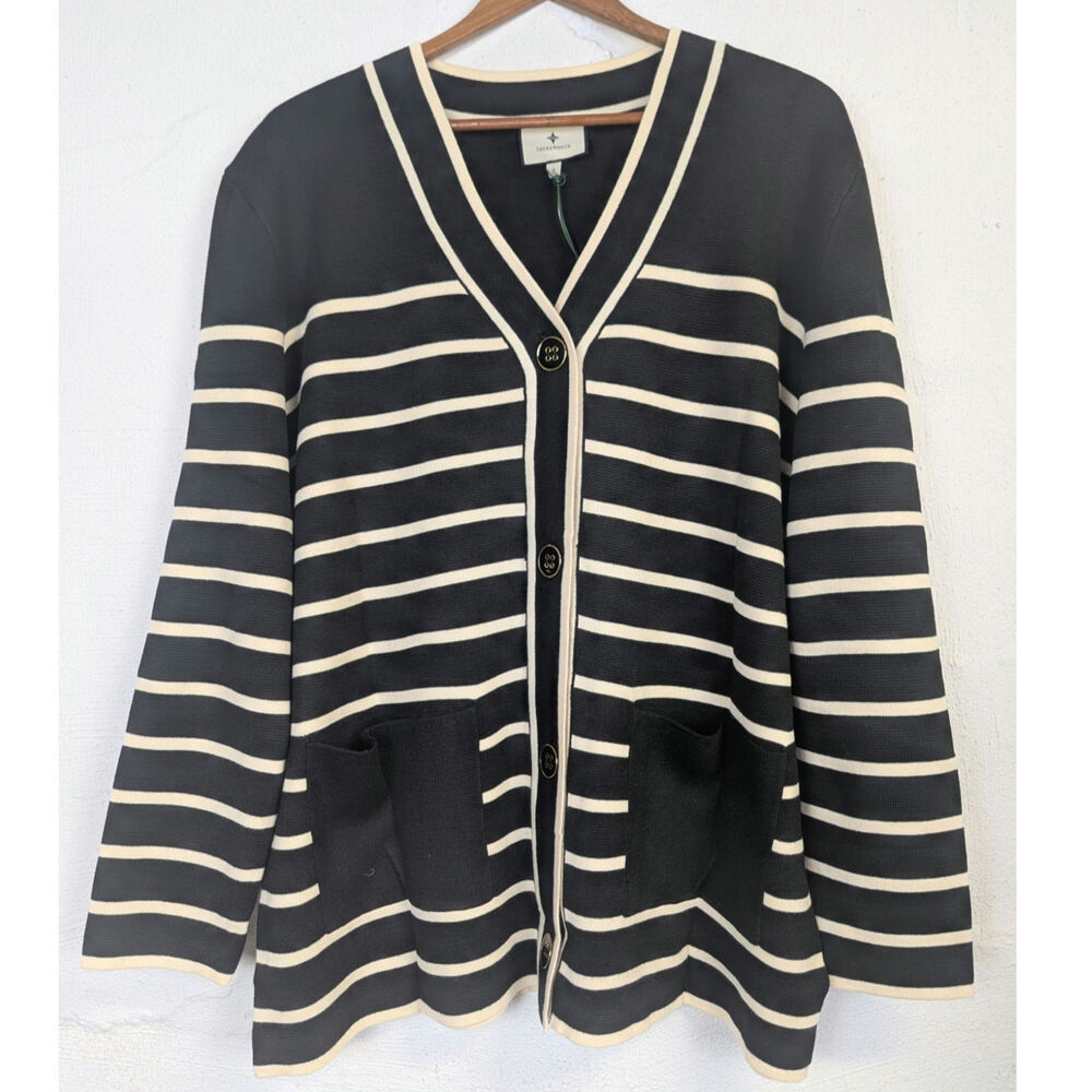 Tuckernuck Oversized Cardigan Sweater Black White Striped Preppy Old Money Small